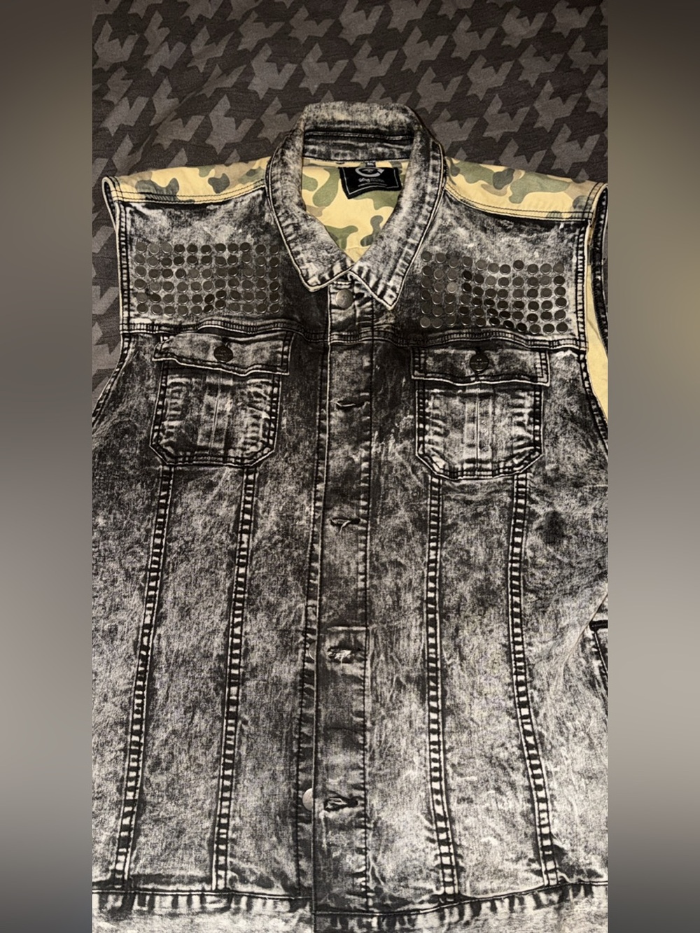 Vtg LRG Lifted Research Group Vest Mens 4XL Black Acid Wash Denim Camo Studded